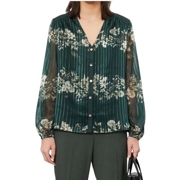 Ted Baker Evelin Floral Print Metallic Crepe Long Sheer Sleeve Green Blouse Sz 4 - Picture 1 of 15